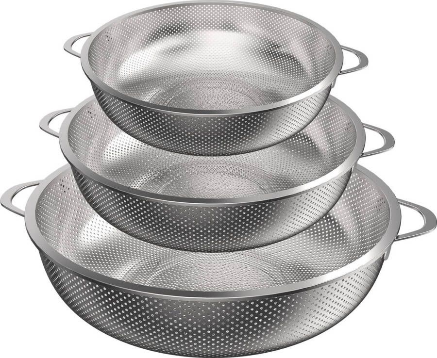 Zawear Zawaer Zeefkeuken 3-delige set roestvrij staal microgeperforeerde keukenzeef pastazeef met handvat vergiet voor pasta fruit rijst groenten gezonder en hoogglans gepolijst