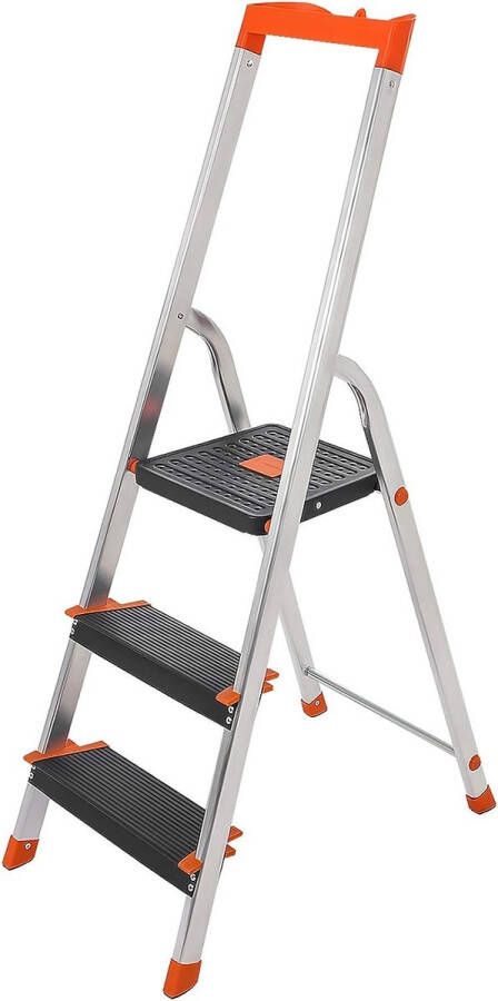 ZAZA Home Aluminium Ladder met 3 Treden 12 cm Brede Ribbels Anti-Slip Voeten Leuning Gereedschapsschaal 150 kg Belastbaar Zwart-Oranje