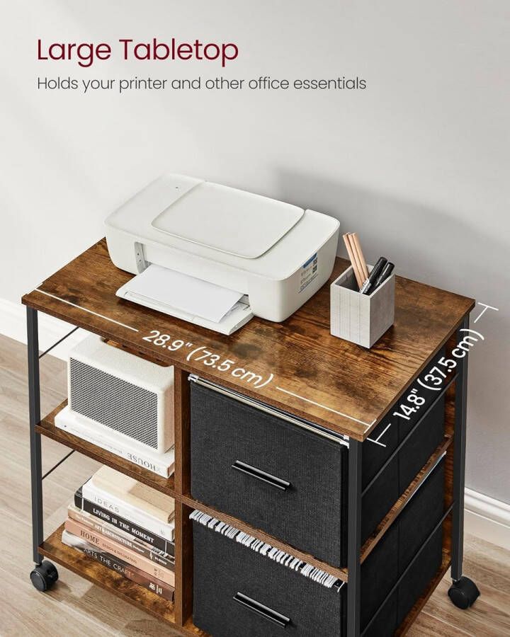 ZAZA Home Archiefkast kantoorkast met 2 stoffen laden eenvoudige montage open planken voor documenten in A4 formaat letterformaat thuiskantoor vintage bruin en inktzwart