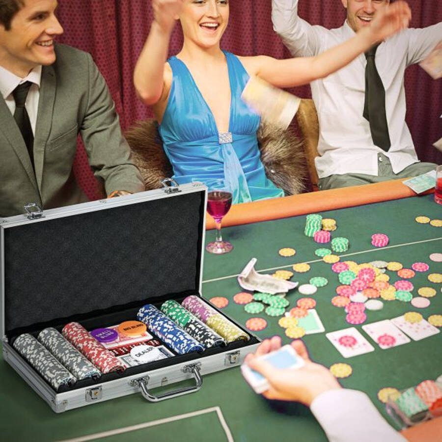 ZAZA Home Complete Pokerset met 300 Pokerchips 11 5 Gram Pokerset met Slot 2 Pokerdecks 5 Dobbelstenen 1 Dealer Button 1 Small Blind 1 Big Blind Zilver