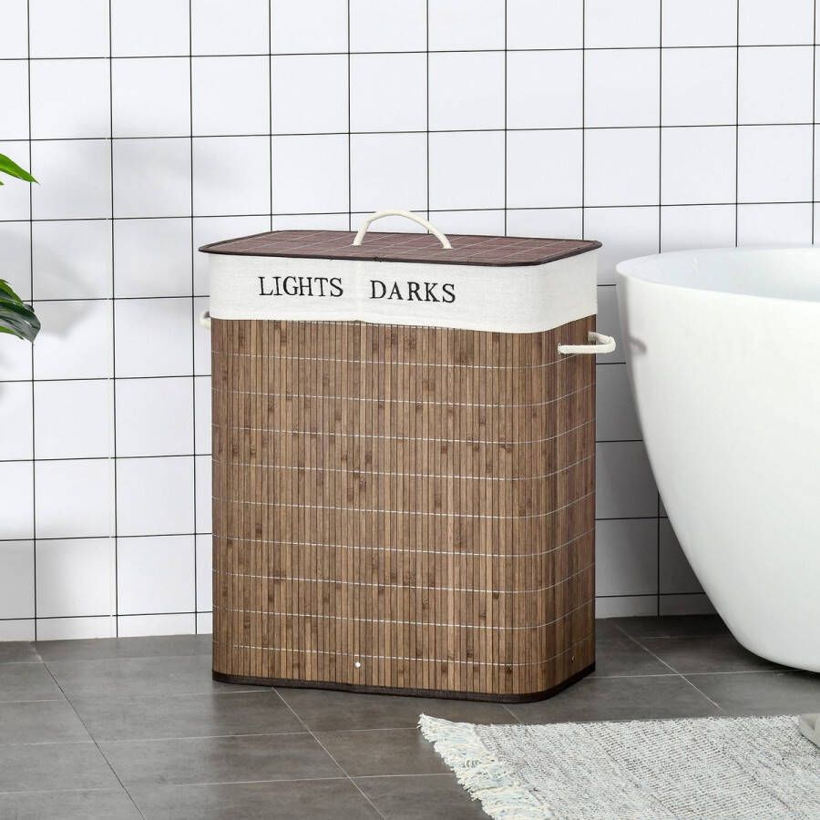 ZaZa Home & Office WASSIONSRIVE KAST 100L LAUNDRY met 3 handgrepen en afwasbare waszak Verwijderbaar bamboe katoenen metaalbruin+wit 52x32x63cm