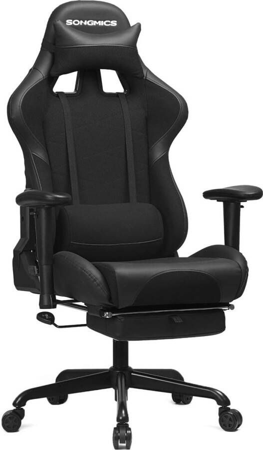 ZAZA Home Gamingstoel met voetsteun racebureaustoel ergonomisch lendenkussen stalen frame hoge rugleuning PU en polyesterbekleding belasting 150 kg zwart