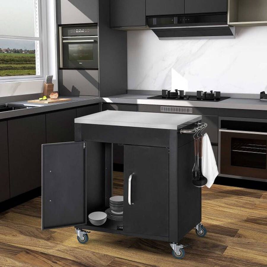 ZAZA Home Keukenauto met rollen serveerauto's trolley met kast haak en roestvrijstalen handgrepen keukenhulp keukentrolley zwart 86 x 50 x 86 5 cm