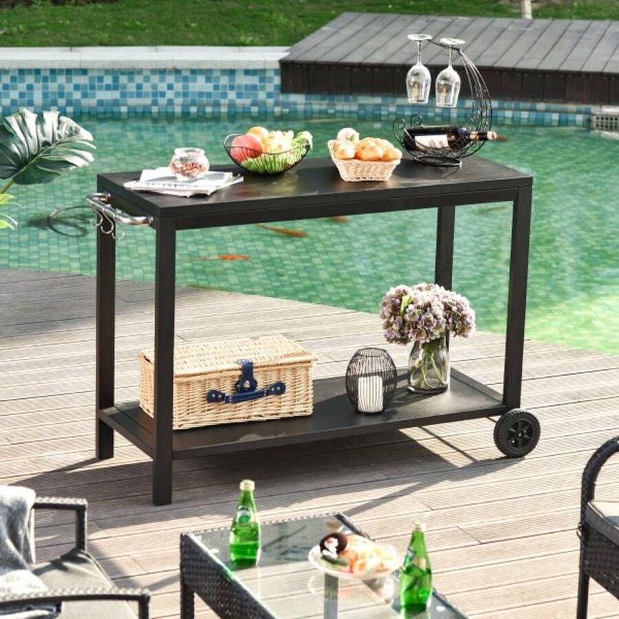 ZAZA Home Keukenauto met rollen serveerauto's trolleys met haken en roestvrijstalen handgrepen keukentrolley zwart 128 x 46 5 x 86 5 cm
