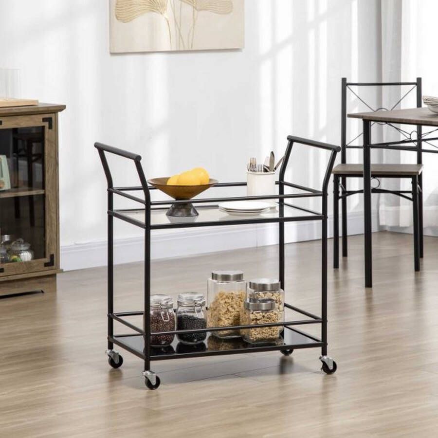 ZAZA Home Keukenauto trolley serveerauto met 2 planken trolley zijtrolleys op broodjes opbergwagen metaal zwart 75 x 40 x 80 cm
