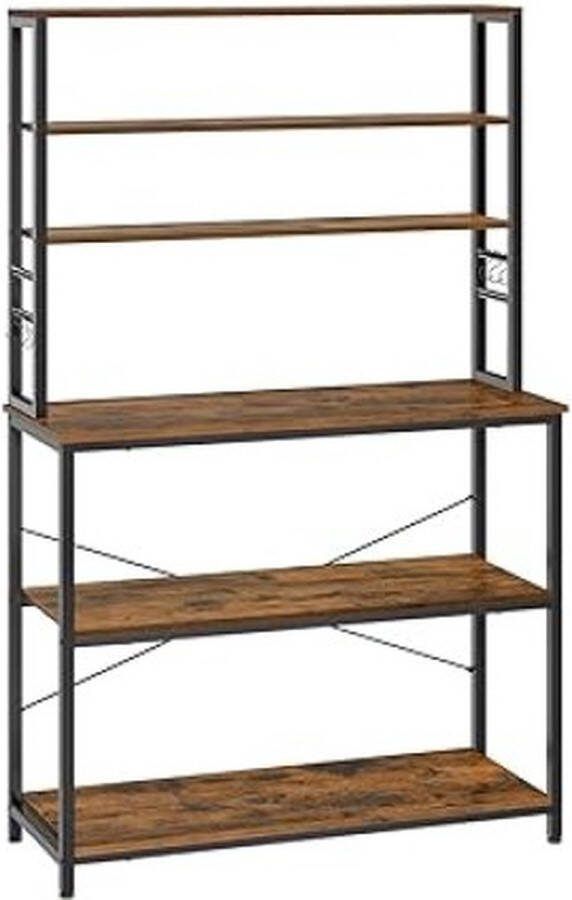 ZAZA Home Keukenrek koffiezetapparaat 6 planken en 6 haken voor magnetron stalen frame industriële stijl 40 x 100 x 167 cm rustiek bruin en zwart