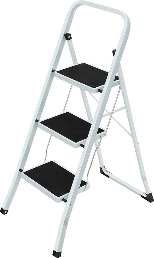 ZAZA Home SONGMICS klaptrede met 3 treden trapladder ladder 20 cm brede treden antislip rubberen matten met leuning belastbaar tot 150 kg gemaakt van staal getest door SGS wit-zwart GSL03WT