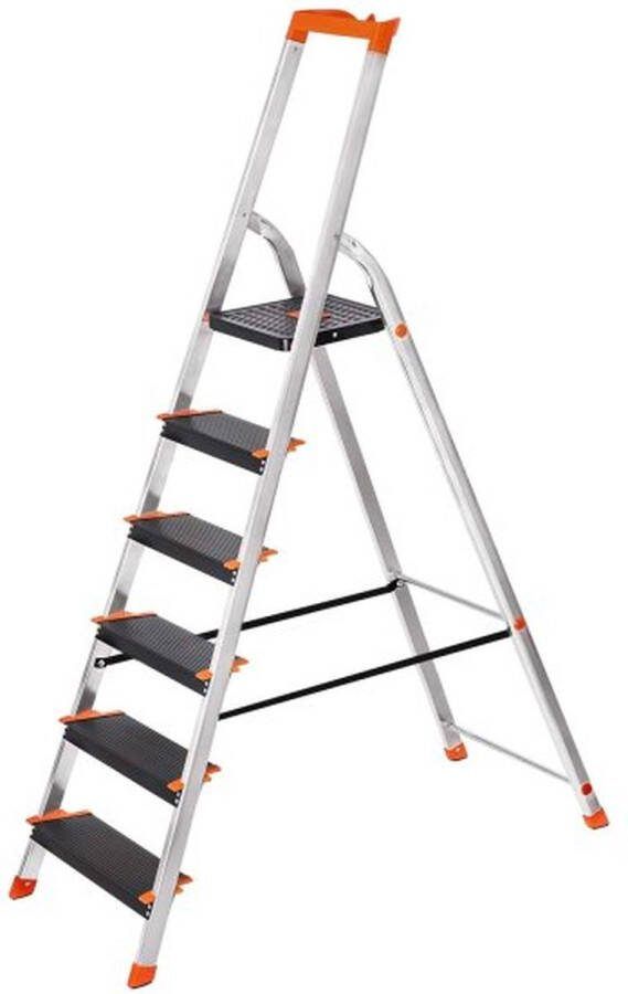 ZAZA Home Ladder 6 treden aluminium ladder 12 cm brede treden trapladder gereedschapsbakje vouwladder antislip max. statische belasting 150 kg