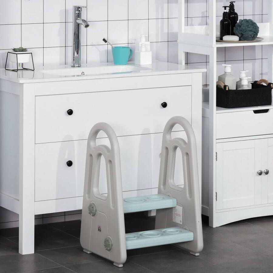 ZAZA Home Leertoren Opstapje Staand Met 2 Treden Piramidestructuur Veiligheid Badkamer Slaapkamer Keuken Blauw + Grijs Voor 2-5 Jaar Hdpe Pp 43 5 X 38 5 X 61 Cm