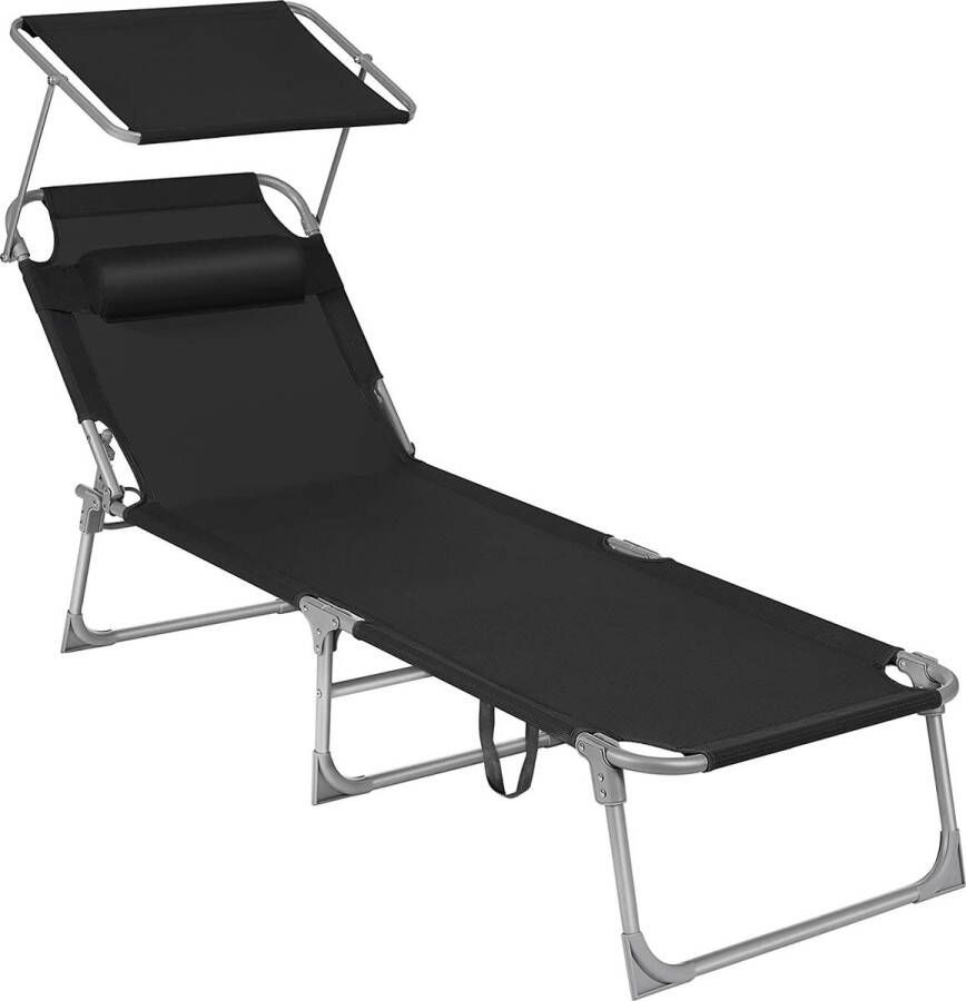 ZAZA Home Ligstoel opklapbare ligstoel met zonwering hoofdsteun en verstelbare rugleuning voor tuin zwembad terras zwart