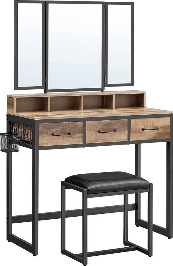 ZAZA Home Make-Up Tafel Met Kruk 3 Spiegelen 3 Laden Haardrogerhouder En Industriële Stijl İn Eikenbruin-Zwart