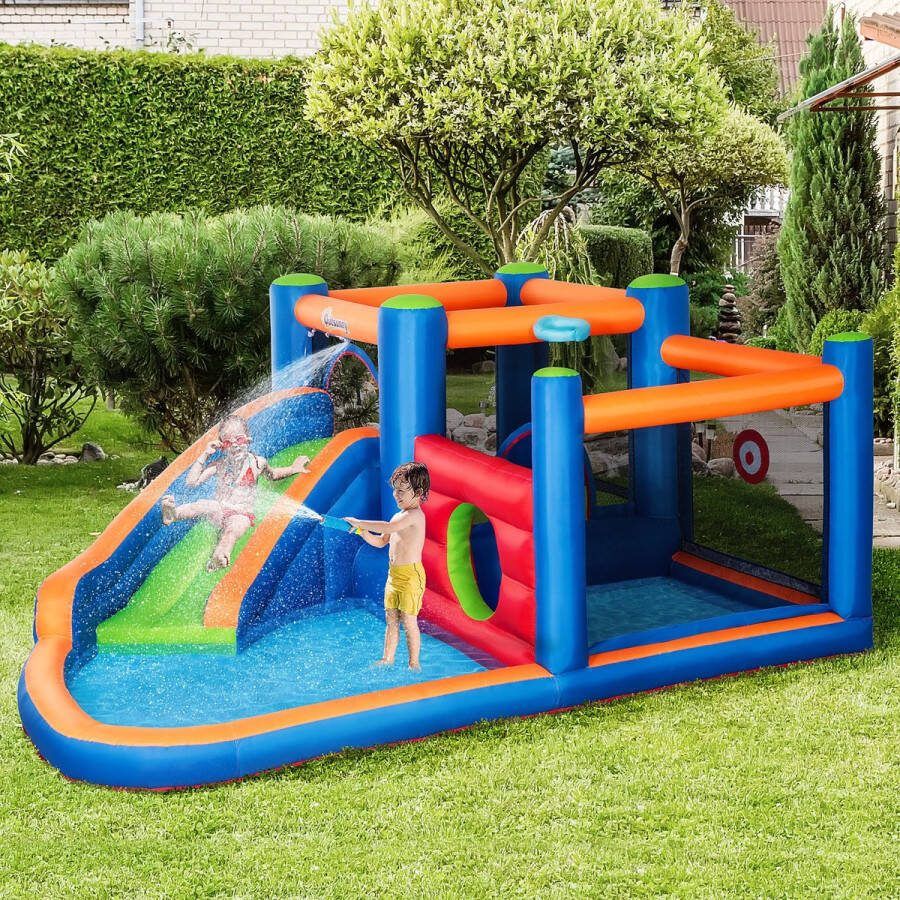 ZAZA Home Opblaasbaar Springkasteel Waterpark Met Ventilator Springkussen Met Waterglijbaan Basketbalhoepel Opblaasbaar Waterspeelcentrum Voor Kinderen Vanaf 3 Jaar 380 X 340 X 170 Cm