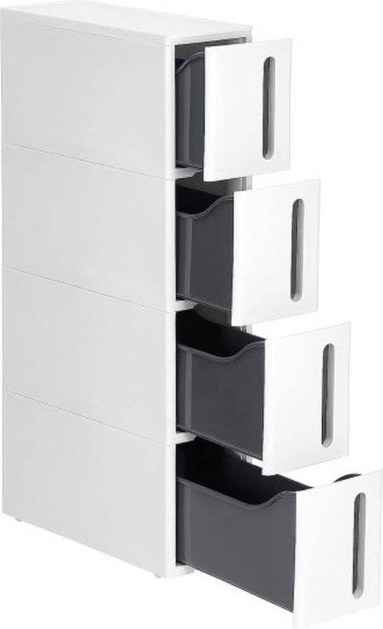 ZAZA Home Ruimtebesparende Nisrek Met Wieltjes 4 Laden Uittrekbaar Badkamerrek Keukenkast Pp-Kunststof 45 X 17 X 83 Cm Wit-Grijs