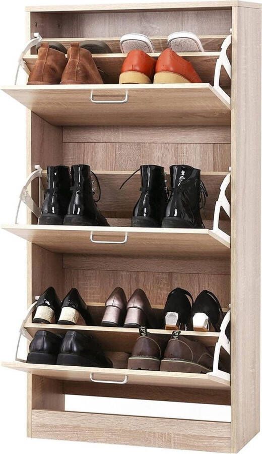 ZAZA Home Schoenenkast met 3 kleppen schoenenrek tipplepr schoenenkast eikenkleurig verstelbaar 60 x 24 x 12 cm eiken look LBC03NL