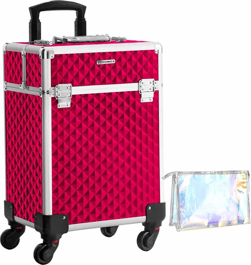ZAZA Home SONGMICS Cosmeticakoffer trolley make-upkoffer met handgreep met 4 universele wielen met 4 uittrekbare vakken voor op reis rood