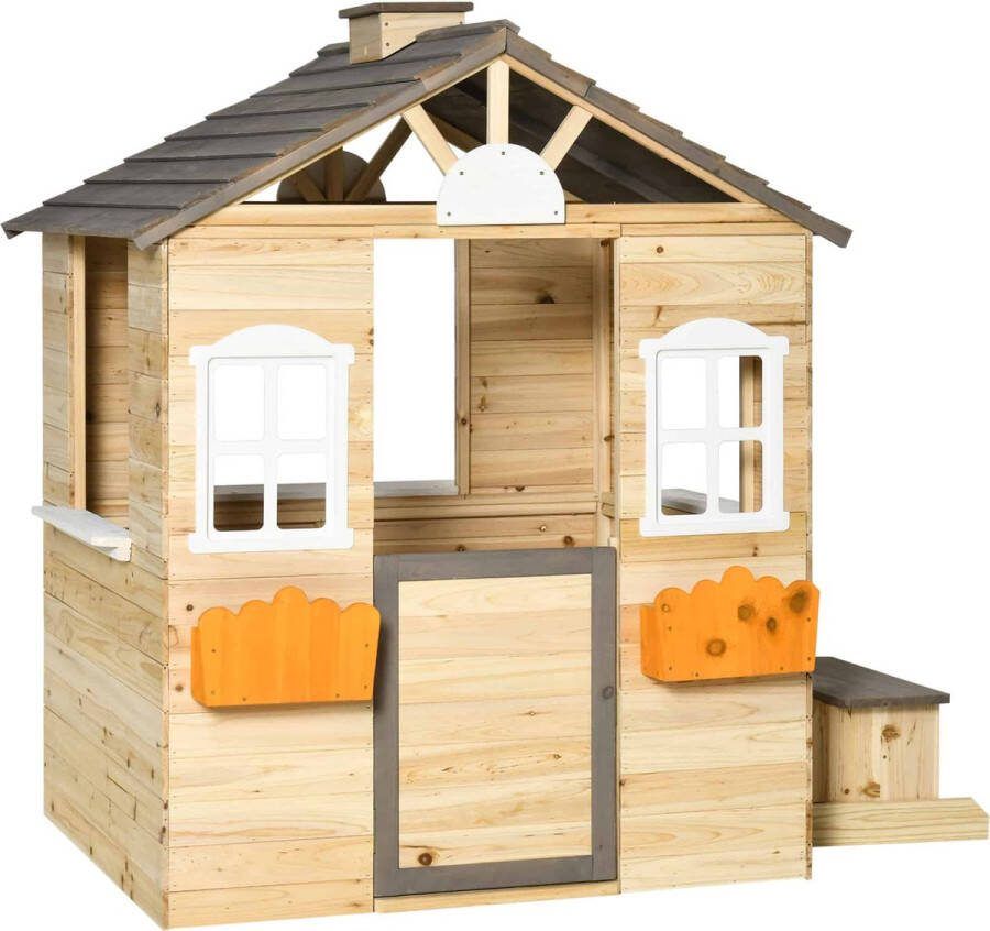 ZAZA Home Speelhuis Voor Kinderen Houten Kinderspeelhuis Met Raam Brievenbus Buitentuin Speelhuis Met Bloempottenrek Houten Speelhuis Voor 3-7 Jaar Dennenhout Naturel 113 X 94 X 134 5 Cm