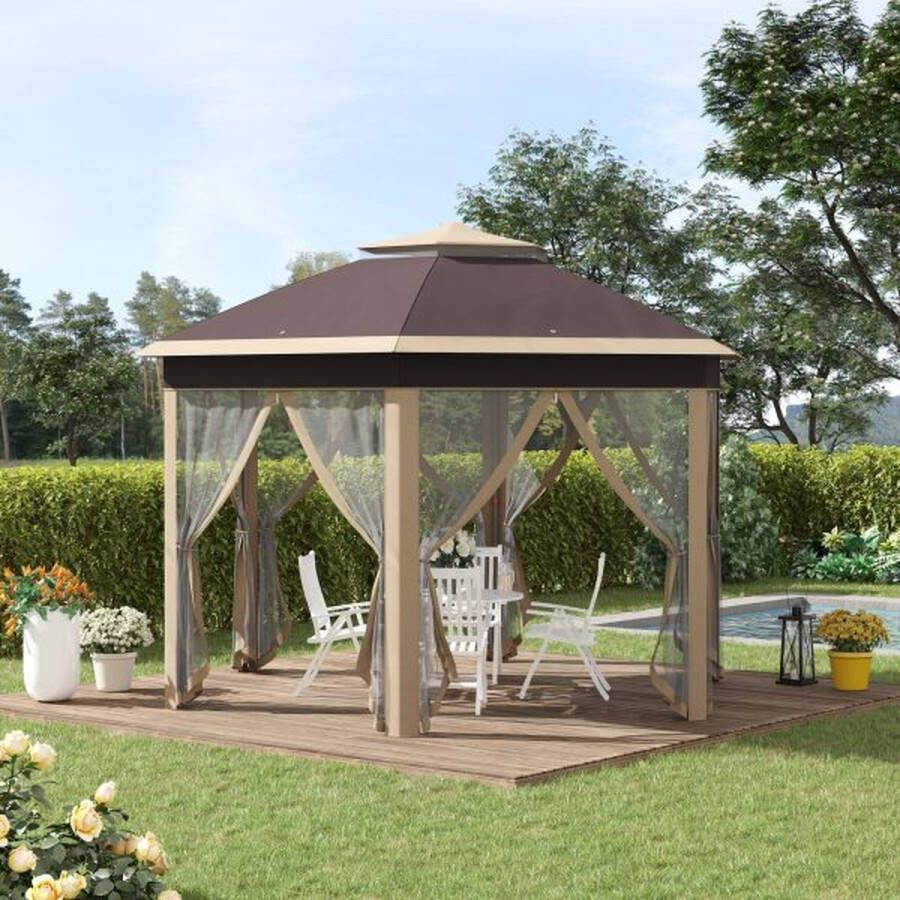 ZAZA Home Tuinpaviljoen vouwpaviljoen 4 x 4 m pop-up tent party tent inclusief draagtas 6 zijde delen dubbele dak zeshoekige beige+khaki