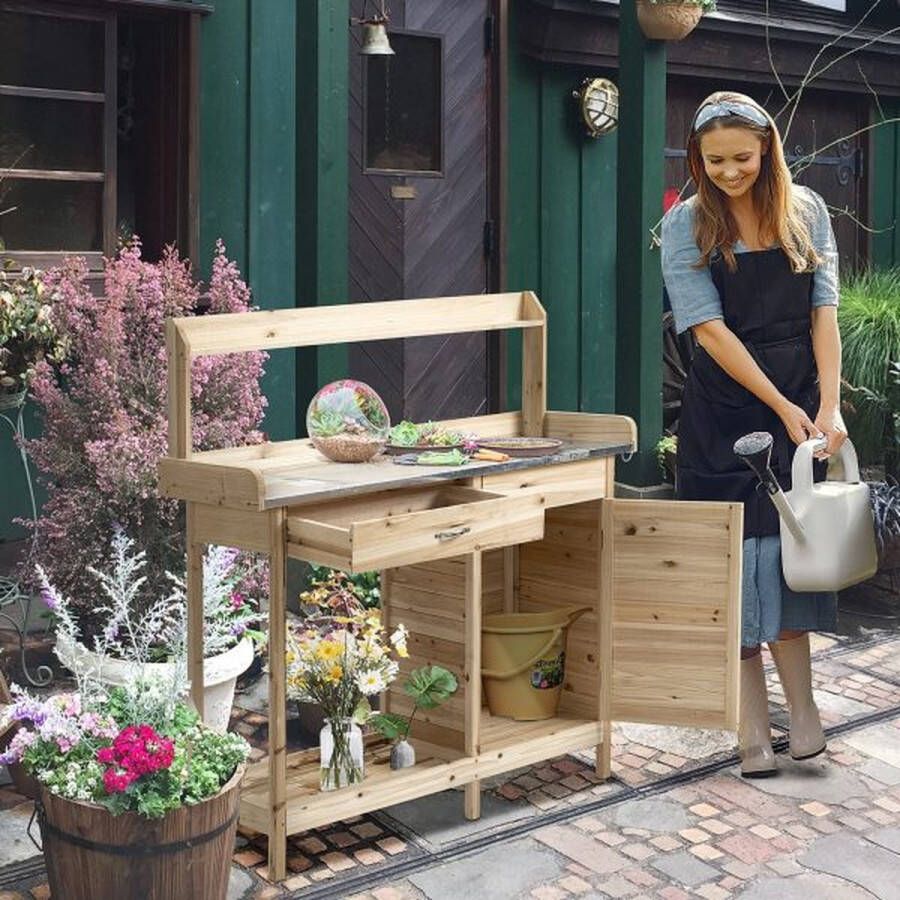 ZAZA Home Tuinwerkbank met verzinkt werkblad Kweektafel met ladekast Opbergkast voor tuinwerktafel Massief houten natuurlijke tuintafel 112 x 45 x 125 cm