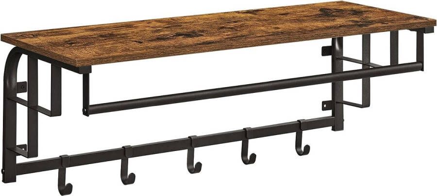 ZAZA Home Vintage Bruin-Zwarte Wandgarderobe met 5 Afneembare Hakken Wandrek en Hangstang voor Hal Slaapkamer en Woonkamer