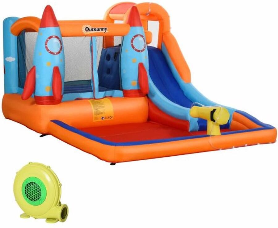 ZAZA Home Opblaasbaar Springkasteel Met Glijbaan Voor 4 Kinderen Kasteel Springkasteel Met Blower Speelkasteel Speelhuis Voor 3-10 Jaar Kwekerij Raketpatroon Oxford Polyester Stof 350 X 250 X 185 Cm