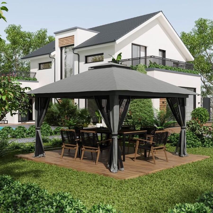 ZAZA Home Vouwtent 4 x 4 m Tuinpaviljoen met 4 Netwanden Pop-up tent met UV-bescherming Partytent met Dubbel Dak Draagtas Donkergrijs