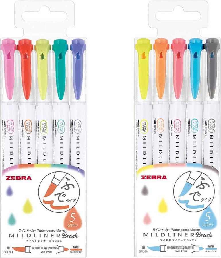 Zebra Mildliner Brush pennen Dubbelzijdig Bright en friendly kleuren 2 sets van 5