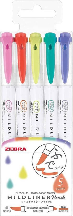 Zebra Mildliner Brush pennen Dubbelzijdig Bright kleuren Set van 5