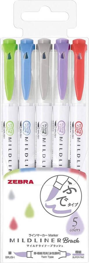 Zebra Mildliner Brush pennen Dubbelzijdig Koele kleuren Set van 5