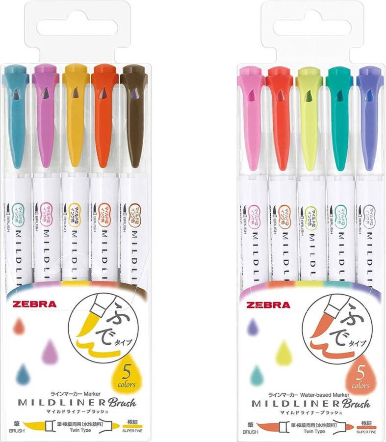 Zebra Mildliner Brush pennen Dubbelzijdig Warme en bright kleuren 2 sets van 5