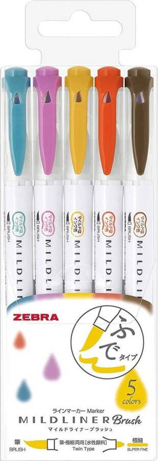 Zebra Mildliner Brush pennen Dubbelzijdig Warme kleuren Set van 5