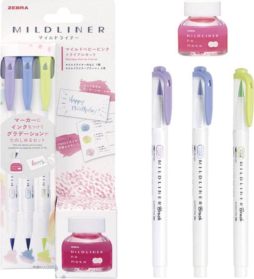 Zebra No Moto MILDLINER Brush Pennen Set van 3 + een Flesje met 10ml Mild Babyroze Inkt + EXTRA een Brushpen