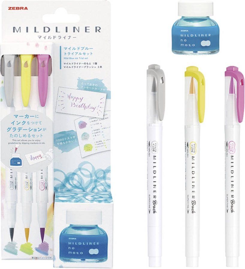 Zebra No Moto MILDLINER Brush Pennen Set van 3 + een Flesje met 10ml Mild Blue Inkt + EXTRA een Brushpen