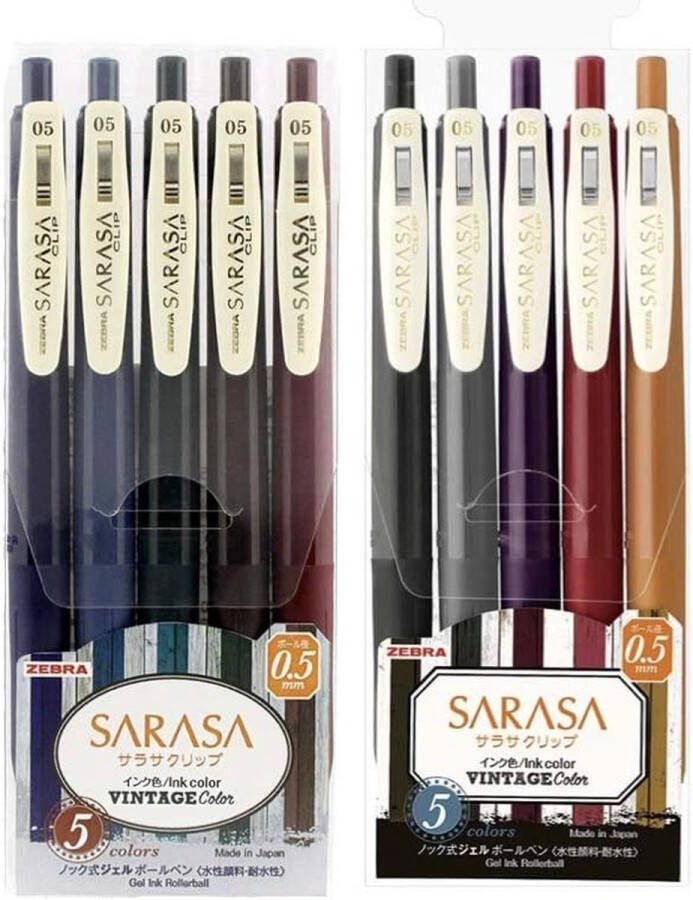 Zebra Vintage Sarasa Clip Gelpennen 0.5mm 2 x 5 Color Sets + 10 Refills Vintage Kleuren