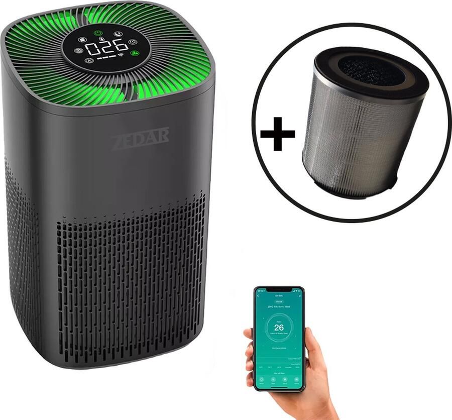 Zedar Luchtreiniger Air Purifier met APP en 2x HEPA 13 filter + koolstoffilter Werkt tegen huisstofmijt hooikoorts allergie stof 210 m³ u L600