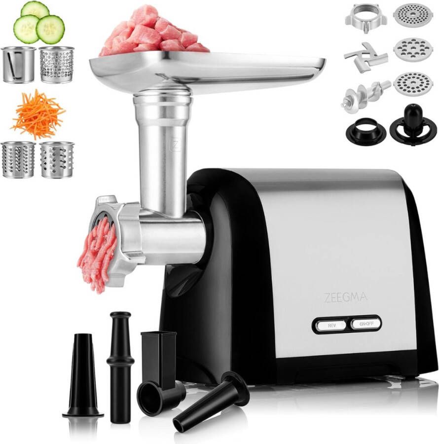 Zeegma Krachtige Keukenmachine – Hakmolen Elektrisch – Foodprocessor 1900W– Multifunctionele Vleesmolen – Gehaktmolen – Groentesnijder – BPA-Vrij Zwart