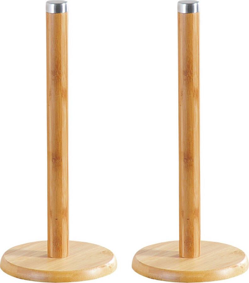 Zeller 2x Bamboe houten keukenrolhouders rond 14 x 32 cm Keukenpapier keukenrol houders standaards voor in de keuken