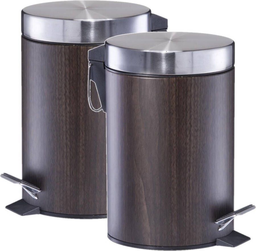 Zeller 2x Donker bruine houtprint vuilnisbakken pedaalemmers prullenbakken 3 liter van 17 x 26 cm Badkamer toiletaccessoires