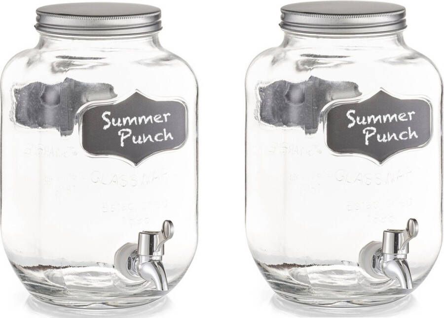 Zeller 2x Glazen drank dispenser met krijtlabel 3 8 liter Keukenbenodigdheden Zomers tropisch tuinfeest decoratie Dranken serveren Drankdispensers Dispensers voor o.a. sappen en limonade