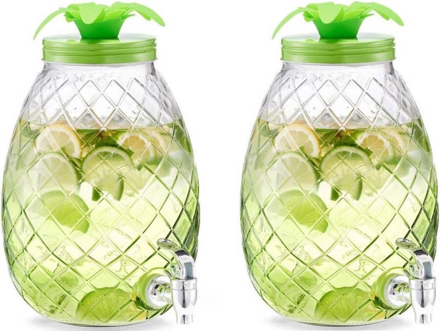 Zeller 2x Groene glazen drank dispensers ananas 4 5 liter Keukenbenodigdheden Zomers tropisch tuinfeest decoratie Dranken serveren Drankdispensers Dispensers voor o.a. sappen en limonade