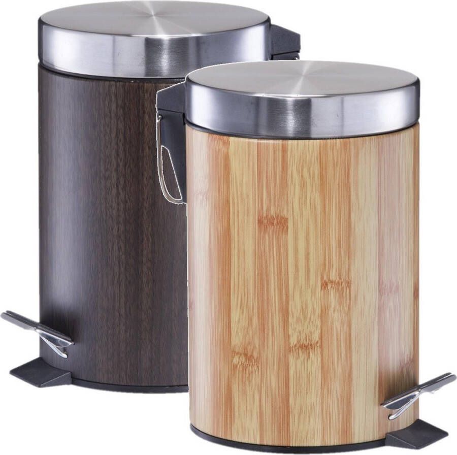 Zeller 2x Houtprint vuilnisbakken pedaalemmers prullenbakken 3 liter bruin van 17 x 26 cm Badkamer toilet accessoires