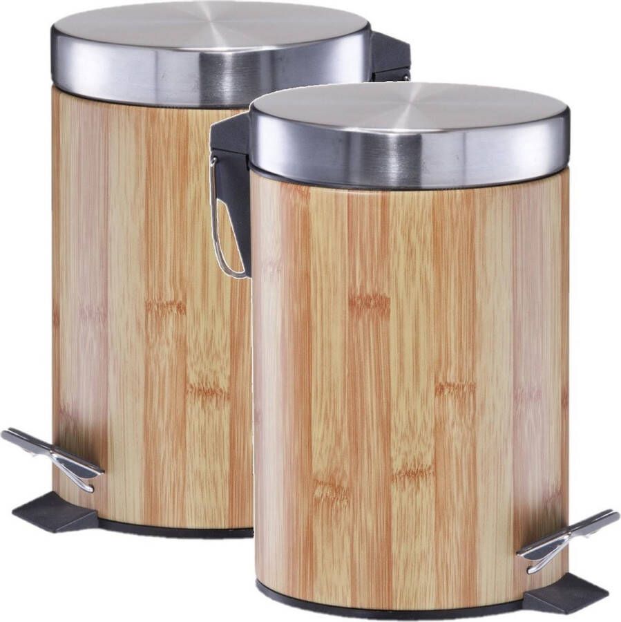 Zeller 2x Licht bruine houtprint vuilnisbakken pedaalemmers prullenbakken 3 liter van 17 x 26 cm Badkamer toiletaccessoires