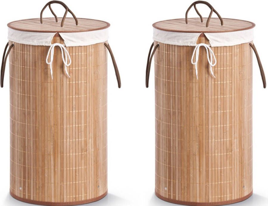 Zeller 2x Luxe ronde bruine wasmanden van bamboe hout 35 x 60 cm Huishouding huishouden Schoonmaakartikelen Was sorteren verzamen Wasgoedmanden wasmanden Ronde wasmanden