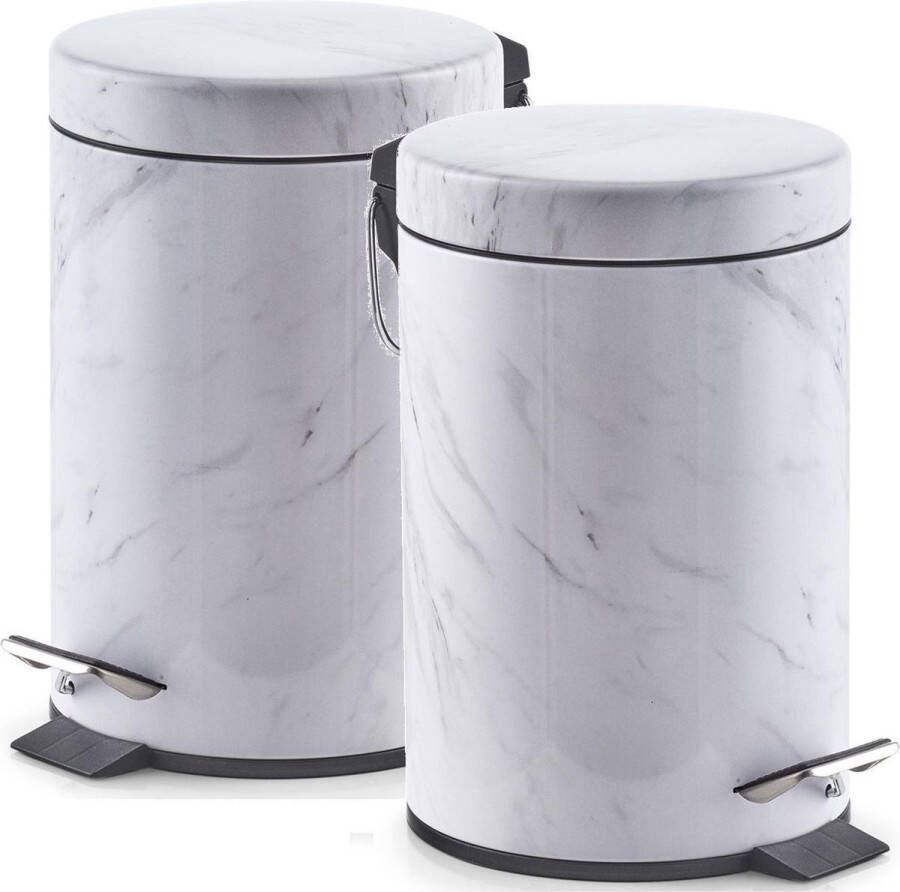 Zeller 2x Witte vuilnisbakken pedaalemmers met marmerprint 3 liter Huishouding Badkameraccessoires benodigdheden Toiletaccessoires benodigdheden Kleine prullenbakken