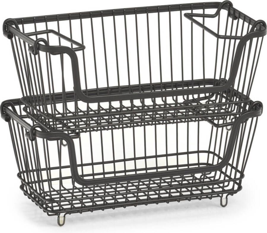 Merkloos 2x Zwarte opberg opruim mandjes stapelbaar 32 cm Zeller Huishouding Opbergen opruimen Opbergmanden opruimmanden Manden voor in de kast