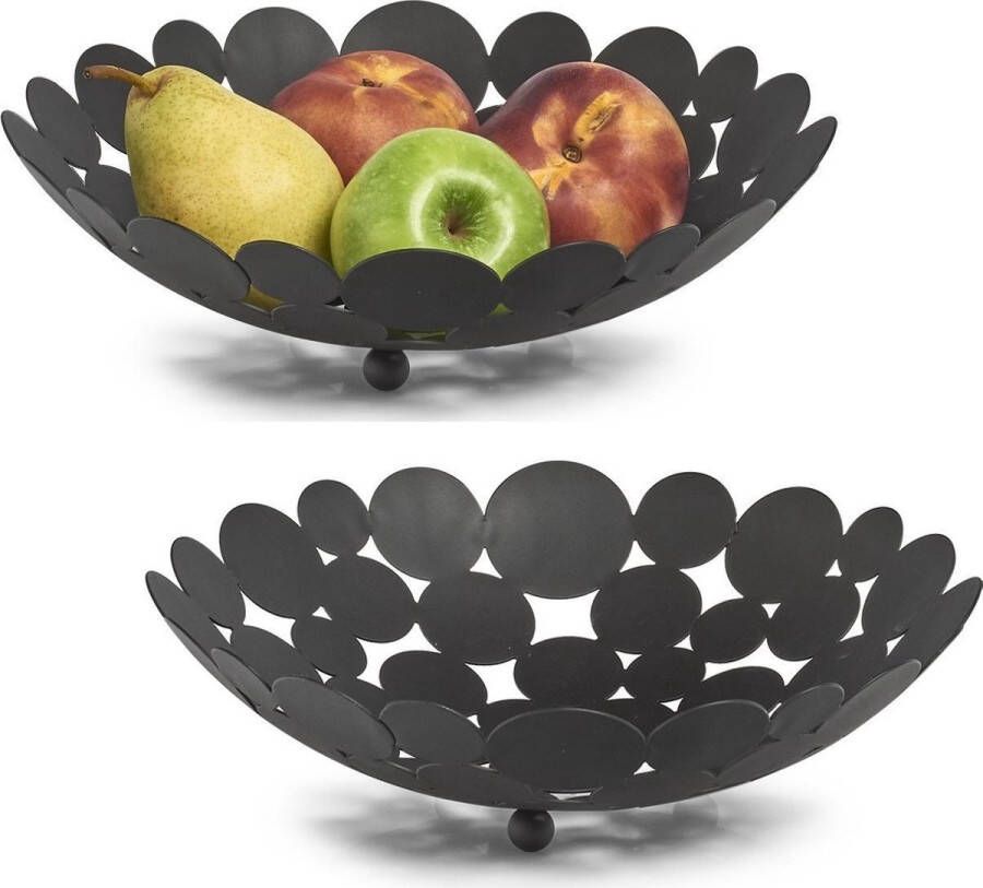 Zeller 2x Zwarte ronde fruitschalen stippen metaal 29 cm Keukenaccessoires benodigdheden Fruitschalen fruitmanden Fruitschalen van metaal