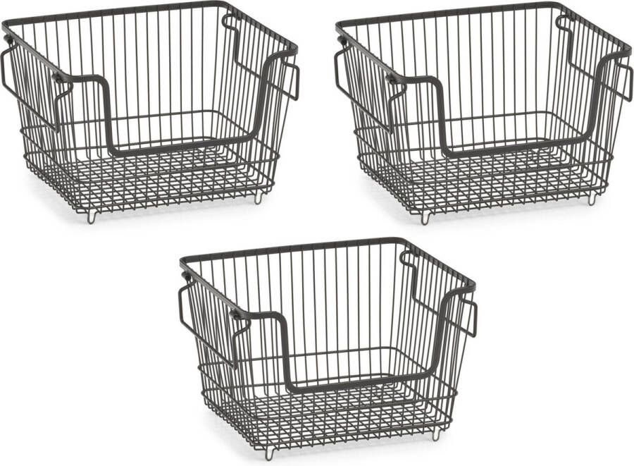 Zeller 3x Zwarte opberg opruim mandjes stapelbaar 33 cm Huishouding Opbergen opruimen Opbergmanden opruimmanden Manden voor in de kast