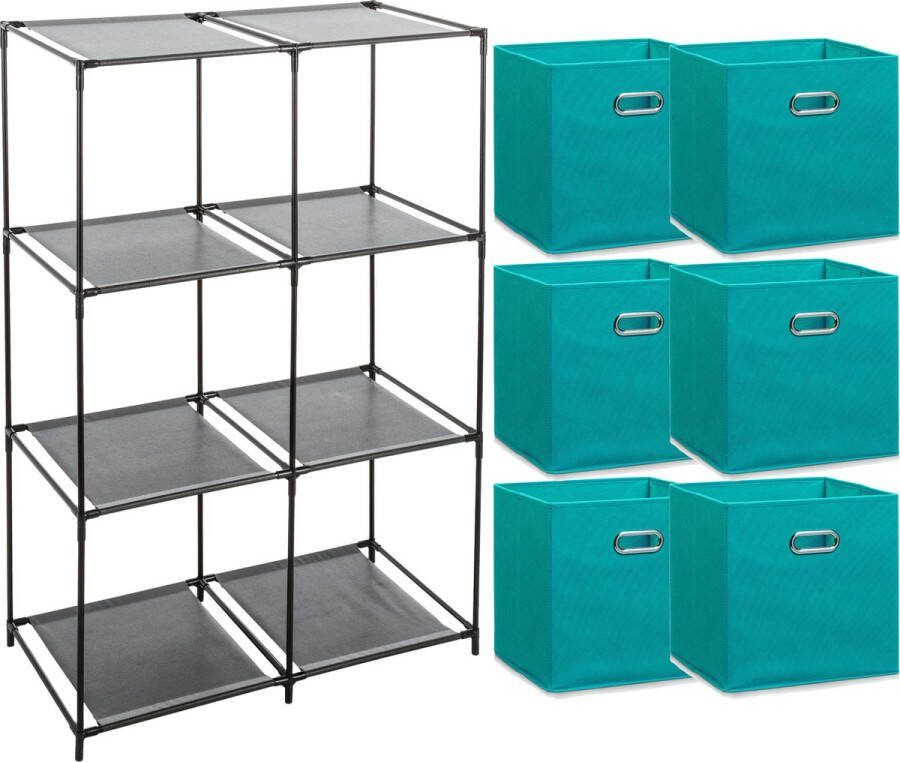 Zeller Kastmandjes opberg manden aqua groen blauw 6x stuks van 29L Metalen rekje is 68 x 98 cm