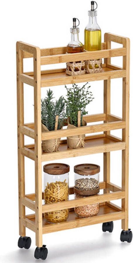 Zeller Keuken Trolley met 3 niveaus bruin bamboe hout 36 x 15 x 74 cm 4 zwenkwielen