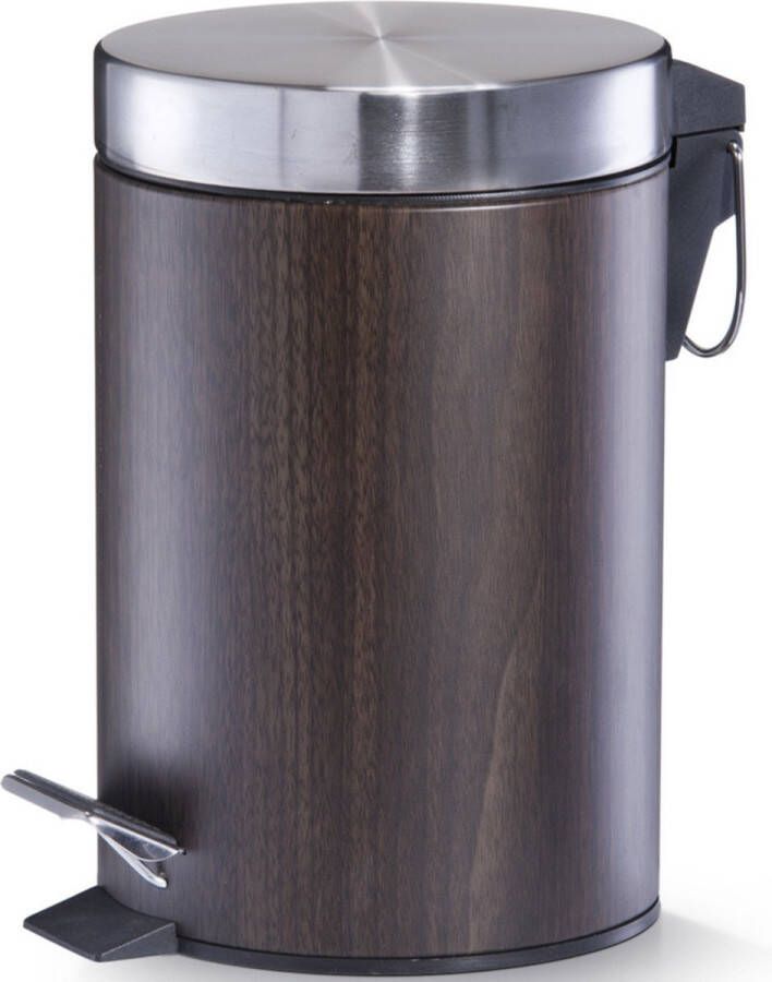 Zeller kleine pedaalemmer badkamer toilet 3 liter houtprint donkerbruin zilver 17 x 26 cm