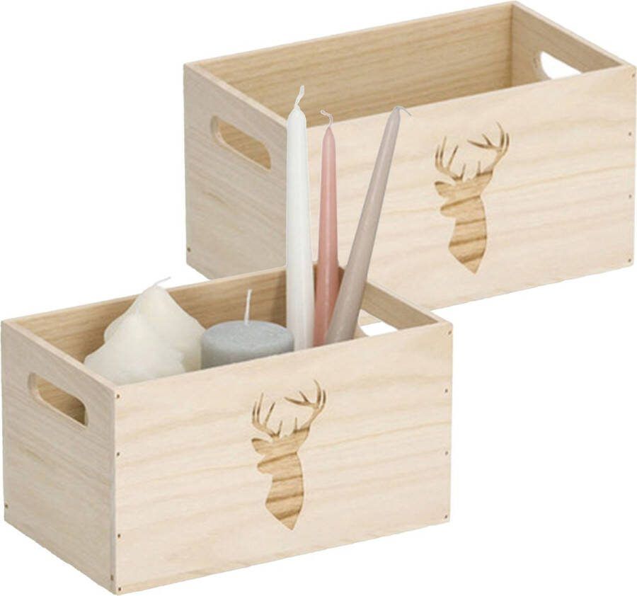 Zeller Opberg box kist 2x naturel hout gestempeld hertenmotief 25 x 15 x 14 cm speelgoed opbergen